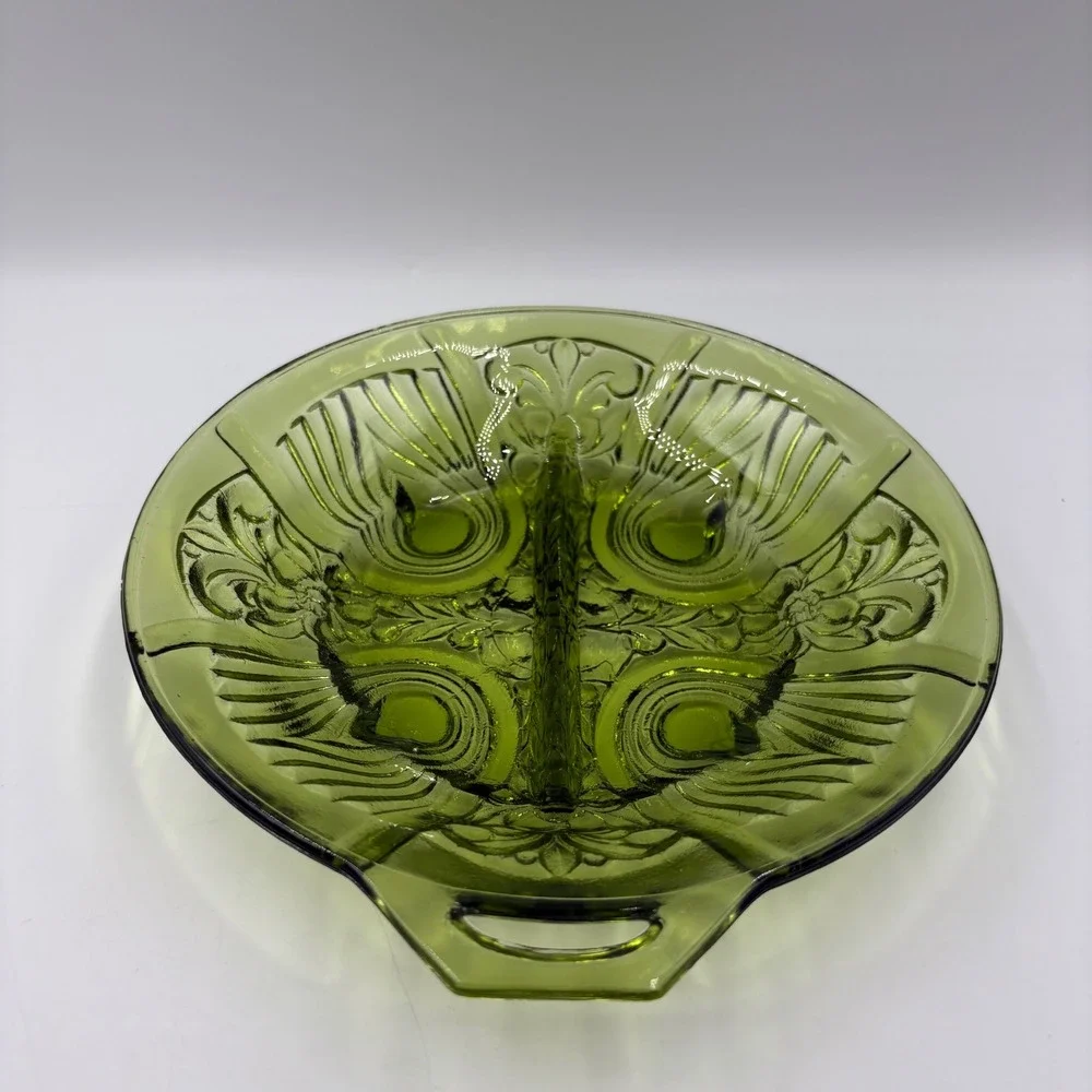 Vintage Indiana Glass Divided Relish Dish  8in Green Excellent Pressed Pattern